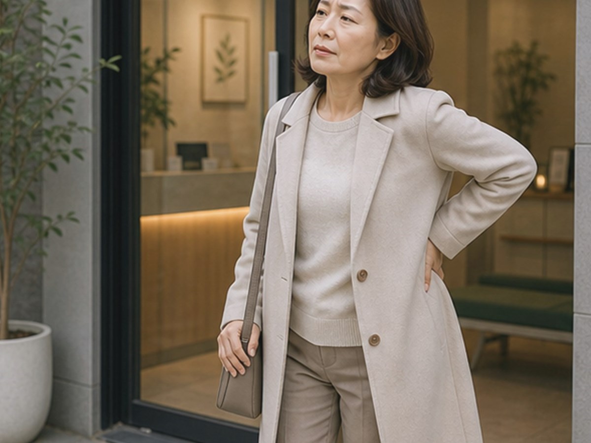 허리 통증으로 자세가 불편한 50대 모습