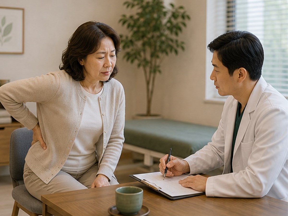 허리 통증으로 허리를 짚은 50대 모습