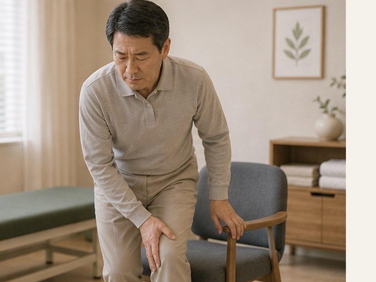 무릎 통증으로 계단을 힘겨워하는 50대 모습