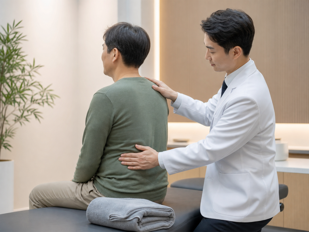 척추 정렬을 부드럽게 살펴보는 추나 케어 모습