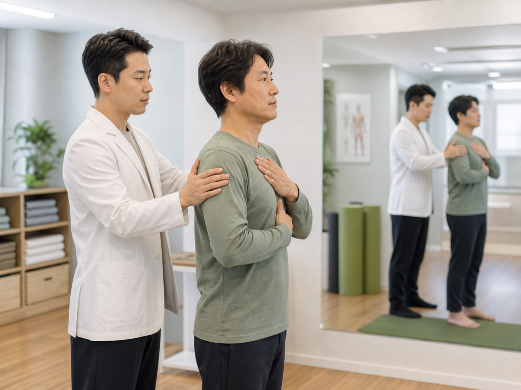 바른 자세와 호흡을 연습하는 모습